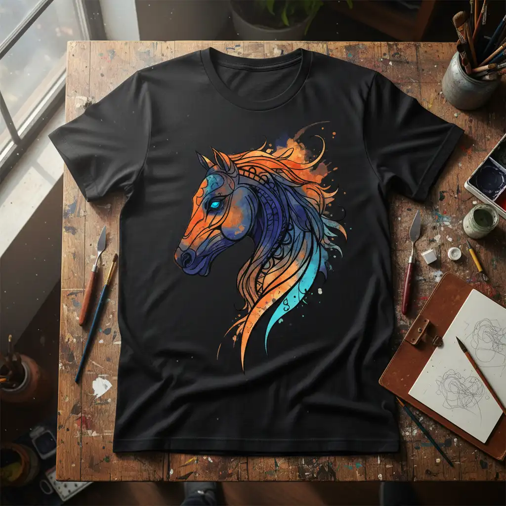 Vibrant tribal horse head graphic with detailed patterns and bright blue eyes on a black t-shirt