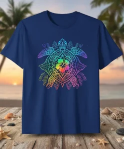 Tribal Turtle Hibiscus unique graphic design printed on comfortable cotton t-shirt
