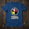 Tribal Unity T-Shirt with a circular design featuring four colored star points and symbolic patterns