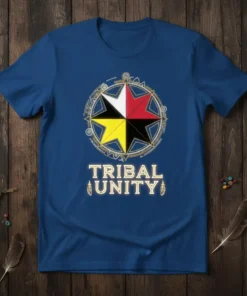 Tribal Unity T-Shirt with a circular design featuring four colored star points and symbolic patterns