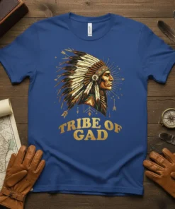 Tribe of Gad T-Shirt featuring a Native American chief in full headdress with golden text below