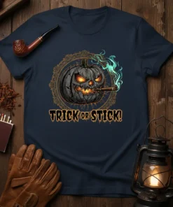 A navy blue t-shirt with the text "TRICK OR STICK!" above a smoking jack-o'-lantern graphic for Halloween