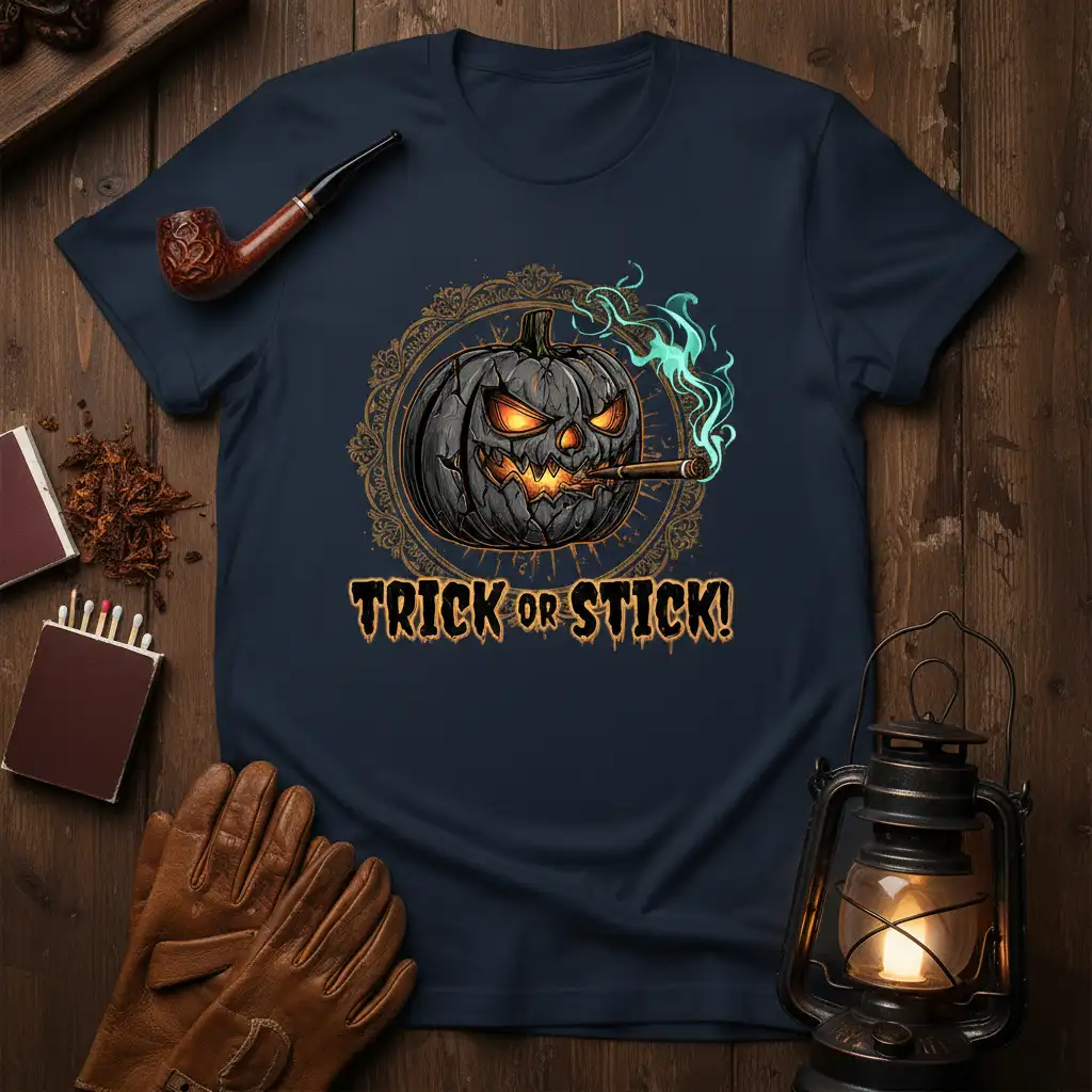 TRICK OR STICK! quote on a t-shirt featuring a smoking jack-o'-lantern with glowing eyes and green smoke