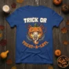 Trick or Treat-A-Lotl Halloween T-Shirt featuring a cute axolotl inside a pumpkin with skeleton hands