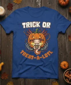 Trick or Treat-A-Lotl Halloween T-Shirt featuring a cute axolotl inside a pumpkin with skeleton hands
