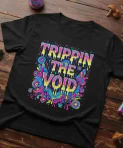Black t-shirt with "Trippin The Void" text in colorful, dripping psychedelic lettering and abstract graphic elements