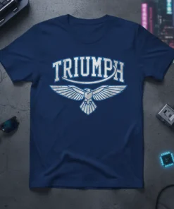 Navy t-shirt with distressed white TRIUMPH lettering and a stylized eagle graphic in the center