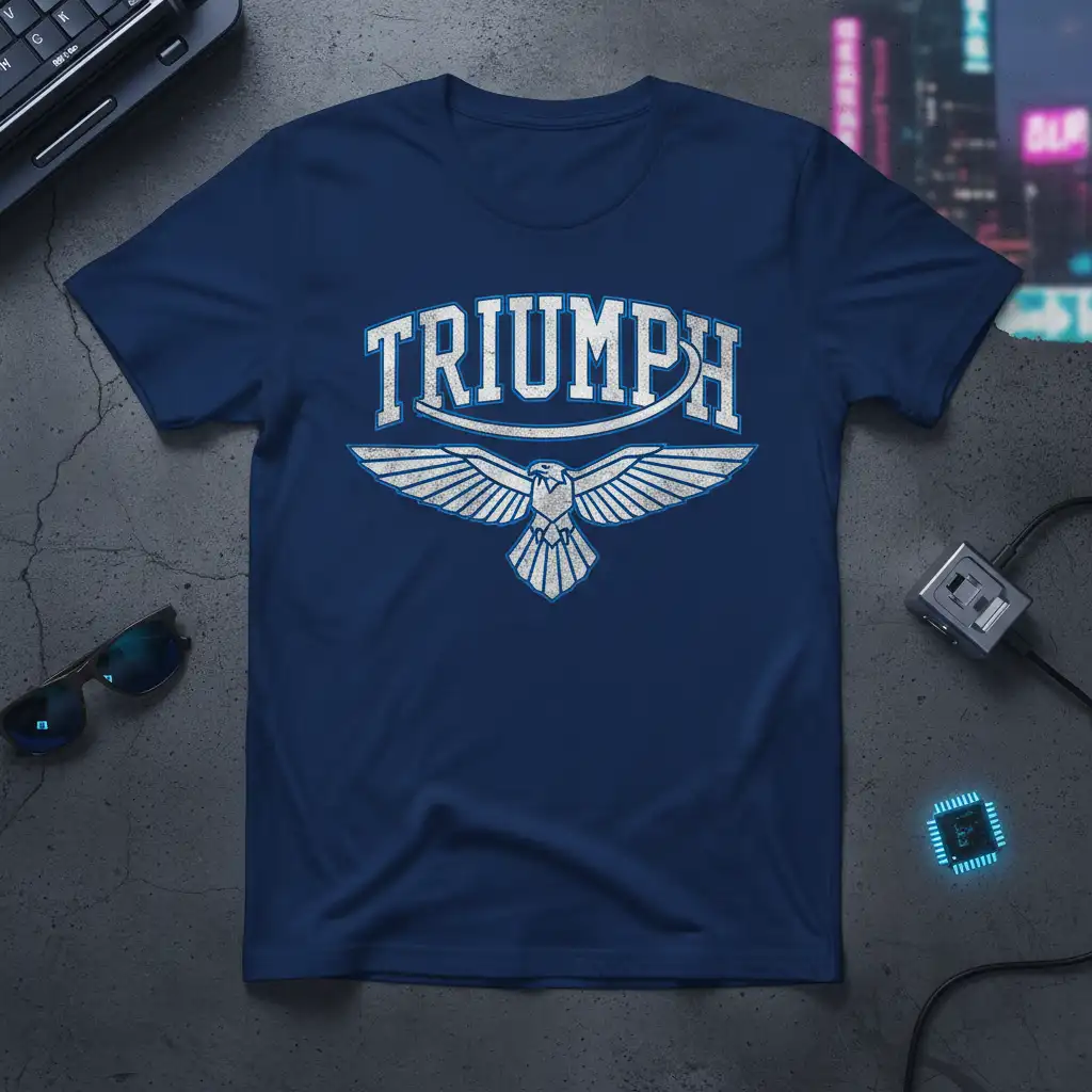 Distressed white TRIUMPH text above a vintage-style eagle graphic on a navy blue t-shirt