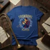 Trombone Player T-Shirt with gold text and a musician playing a trombone surrounded by musical notes