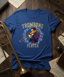 Trombone Player T-Shirt with gold text and a musician playing a trombone surrounded by musical notes