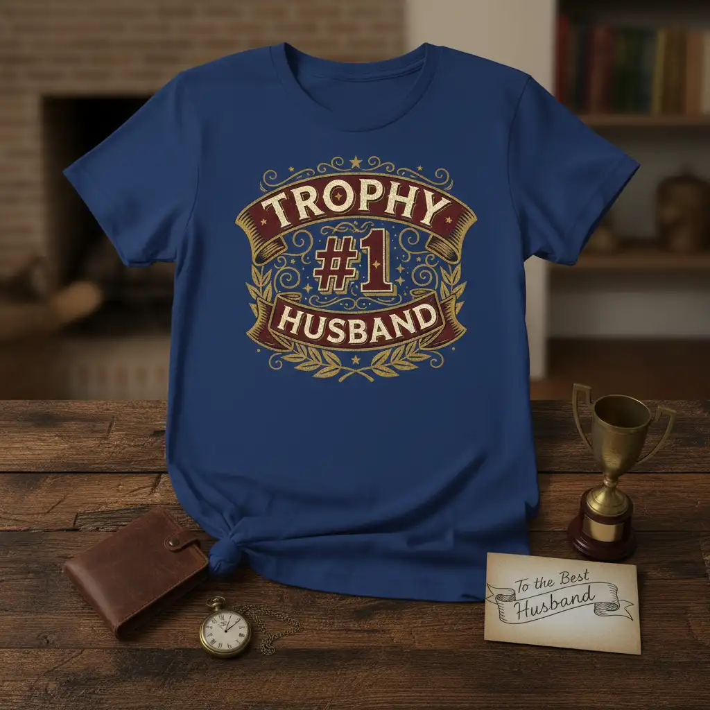 Trophy #1 Husband graphic tee showcasing a vintage award design with bold text and decorative elements