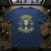Navy blue t-shirt with "Trophy Boyfriend" text and a golden trophy graphic, designed for couples