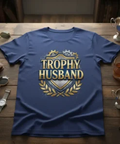 Trophy Husband t-shirt design featuring bold gold text, a shield, gears, and laurel leaves on a navy blue shirt