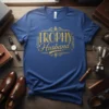 Blue t-shirt with gold "Trophy Husband" text in a decorative frame, symbolizing a husband's award