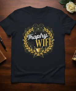 Trophy Wife T-Shirt with gold laurel wreath and trophy graphic. Text reads "Trophy WIFE" in white and gold