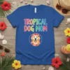 Tropical Dog Mom t-shirt with a Golden Retriever wearing a floral crown and colorful text