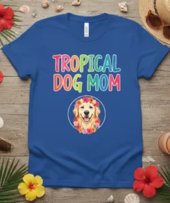 Tropical Dog Mom t-shirt with a Golden Retriever wearing a floral crown and colorful text