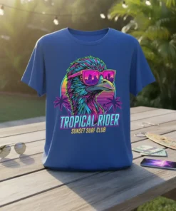 TROPICAL RIDER SUNSET SURF CLUB text on a blue t-shirt with a retro bird wearing sunglasses and palm trees