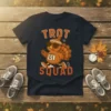 Trot Squad t-shirt with a cartoon turkey wearing sunglasses and a running bib, ready for a race