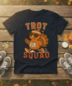 Trot Squad t-shirt with a cartoon turkey wearing sunglasses and a running bib, ready for a race
