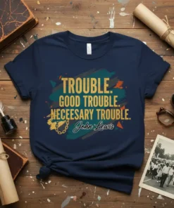 Navy t-shirt with gold text quoting "Trouble. Good Trouble. Necessary Trouble. John Lewis" in a bold, artistic design