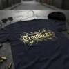 Troublezz graphic t-shirt with gold distressed lettering and lightning bolt accents, dark navy tee