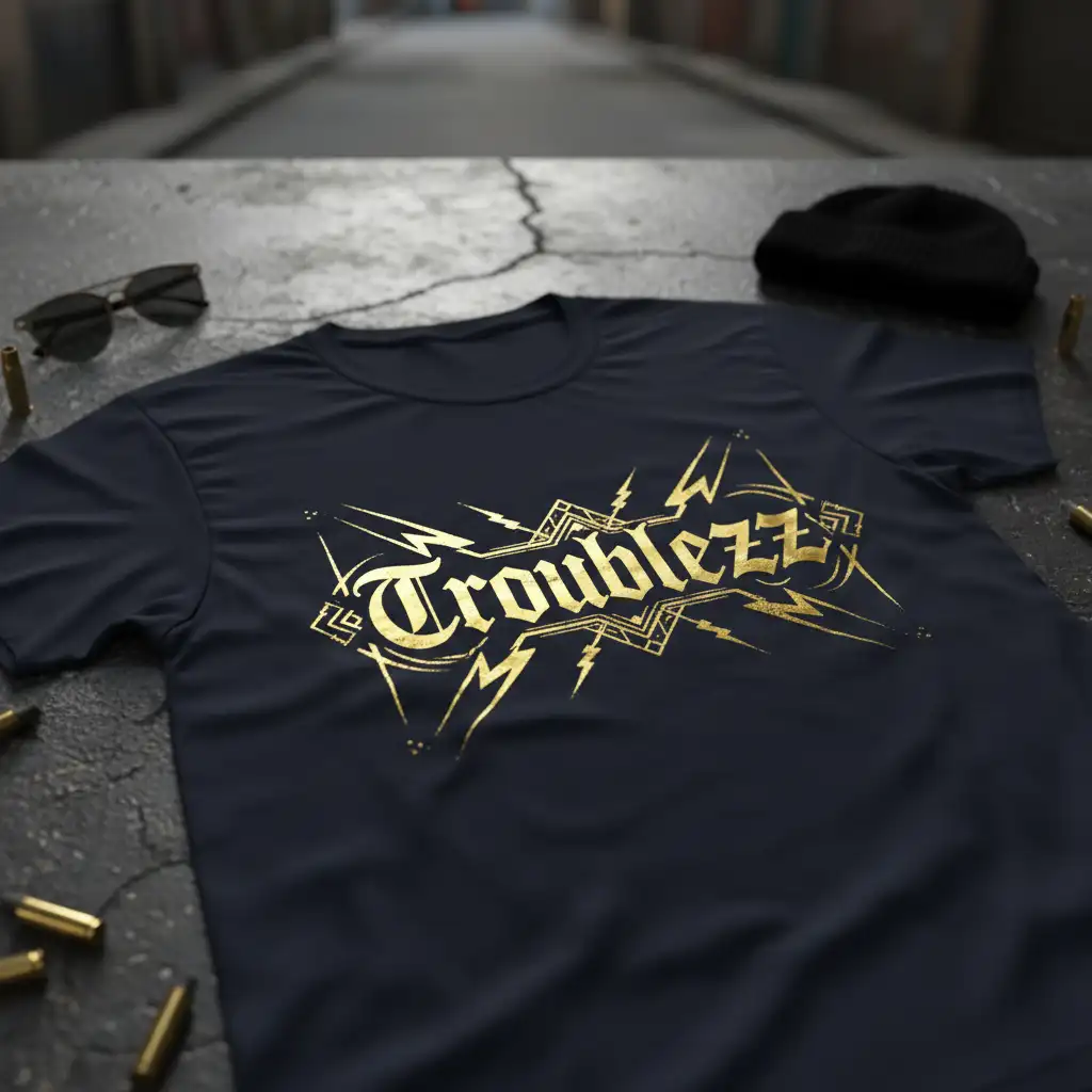 Troublezz distressed gold lettering with lightning bolt accents on a navy blue t-shirt