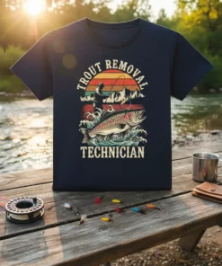 Trout Removal Technician T-Shirt featuring a fisherman reeling in a trout against a sunset mountain backdrop