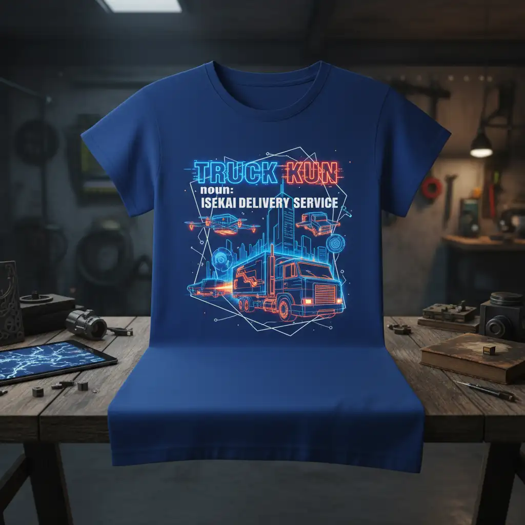 TRUCK KUN noun: ISEKAI DELIVERY SERVICE graphic on a blue t-shirt with neon truck, city, and drone art