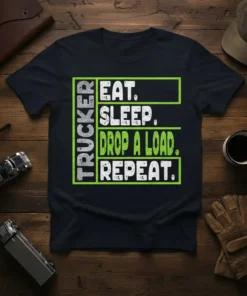 TRUCKER EAT. SLEEP. DROP A LOAD. REPEAT. text design in white and green on a black t-shirt for truck drivers