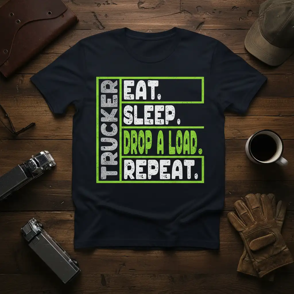 TRUCKER EAT. SLEEP. DROP A LOAD. REPEAT. quote on a black t-shirt, perfect for truck drivers