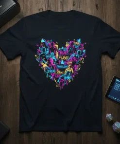 True Love Heart Graphic T-Shirt featuring colorful figures and "True Love" text within a heart shape