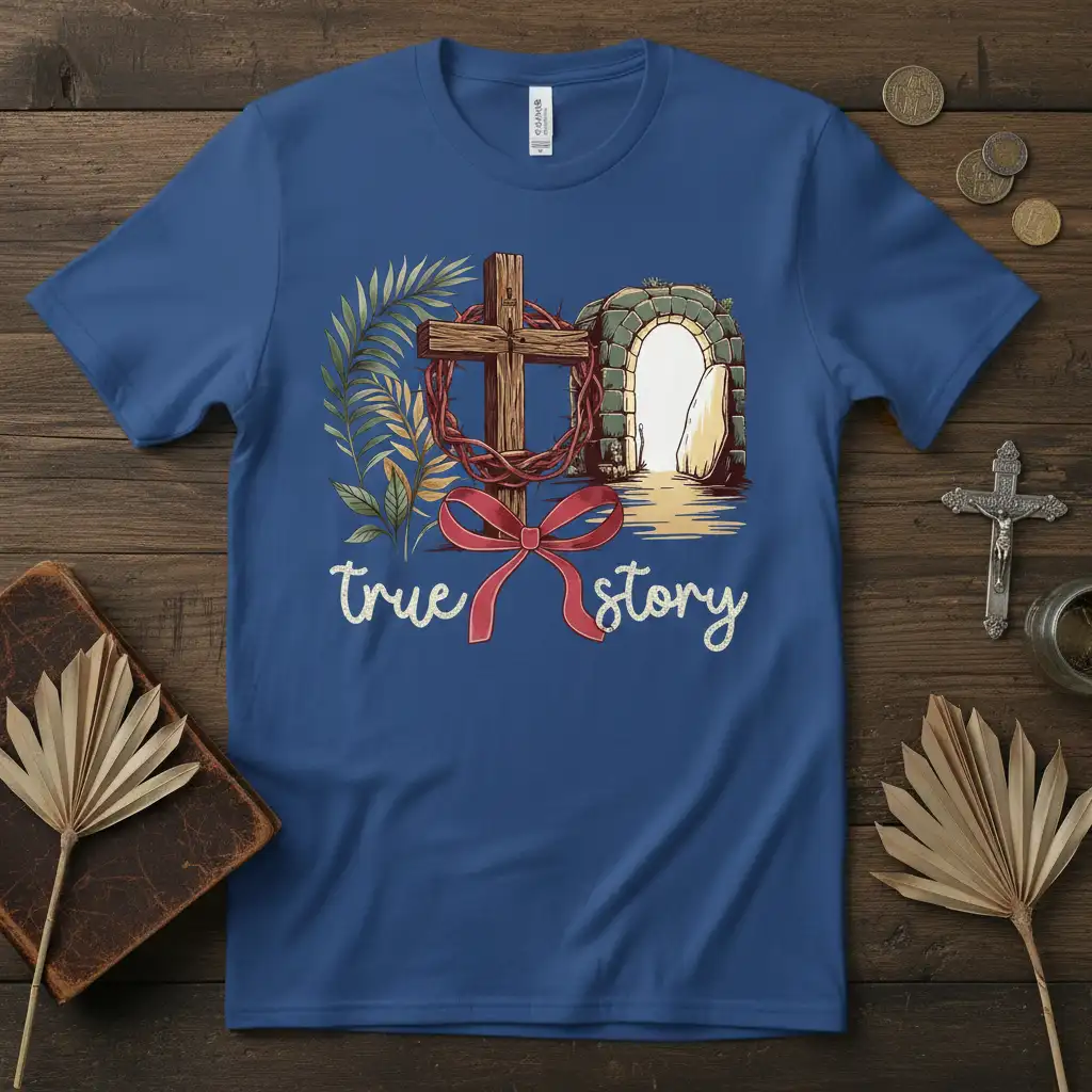 True Story Easter T-Shirt with cross, crown of thorns, empty tomb, and palm leaves graphic