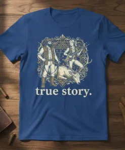True story. t-shirt design with vintage hunters and a downed deer, perfect for hunting enthusiasts