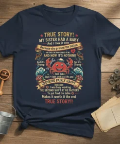 Navy blue t-shirt with "True Story! My Sister Had A Baby" quote and a funny crab graphic, detailing a humorous