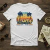 Trump EST. 2025 vintage sunset t-shirt with palm trees and waves design
