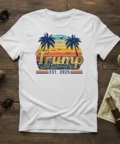Trump EST. 2025 vintage sunset t-shirt with palm trees and waves design