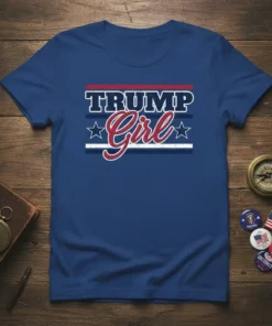 TRUMP Girl text in red script with "TRUMP" in bold block letters above, on a navy t-shirt