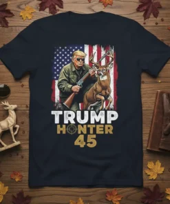 Trump Hunter 45 t-shirt design with Donald Trump, a deer, and the American flag