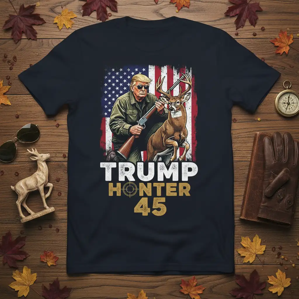 Trump Hunter 45 design featuring Donald Trump hunting a deer with American flag backdrop