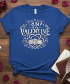 Trump Is My Valentine t-shirt design with White House graphic and decorative hearts, featuring bold typography