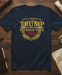Trump Revenge Tour 2024 text design with golden laurel wreath and red stars on a navy blue t-shirt