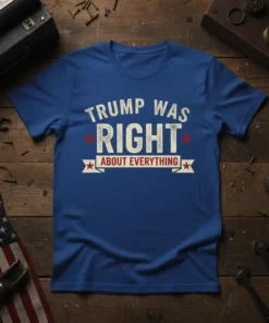 Blue t-shirt with "Trump Was Right About Everything" in distressed white and red text, featuring red stars and banner graphic