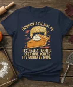 Navy t-shirt with "Trumpkin is the Best Pie" quote and a slice of pumpkin pie with blonde hair