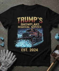Trump's Snowflake Removal Service Est. 2024 t-shirt design featuring a truck plowing snow with Trump driving