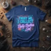 TRUST ME, I COLLECT Belly Button Lint neon text t-shirt design with abstract colorful graphic elements