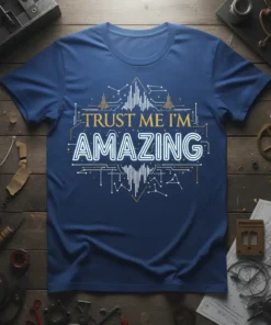 Trust Me I'm Amazing text design with circuit board and waveform graphics on a blue t-shirt