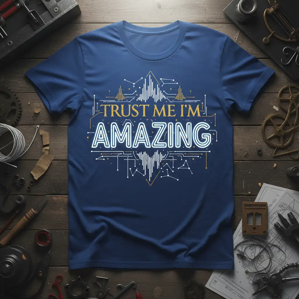 Trust Me I'm Amazing quote t-shirt with intricate tech-inspired graphic design