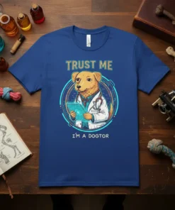 Trust Me I'm A Doctor dog wearing a stethoscope and holding a tablet t-shirt design