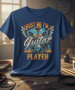 Trust Me I'm A Guitar Player t-shirt with vintage graphic of guitar, wings, and amplifier